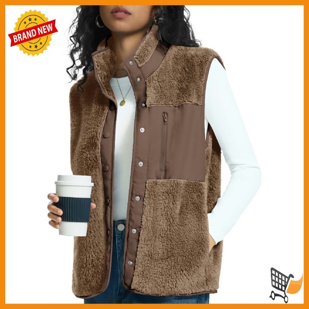 Lightweight Sherpa Fleece Vest Stand Collar 3 Pockets Sleeveless Jacket